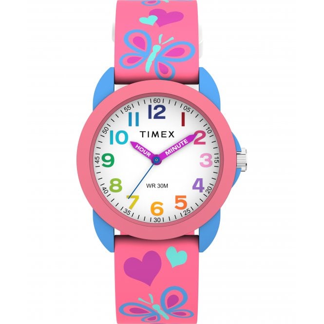Timex  Kids Time Teacher Pink & Blue Hearts and Butterflies Silicone Strap Watch