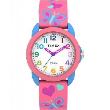 Timex Kids Time Teacher Pink & Blue Hearts and Butterflies Silicone Strap Watch