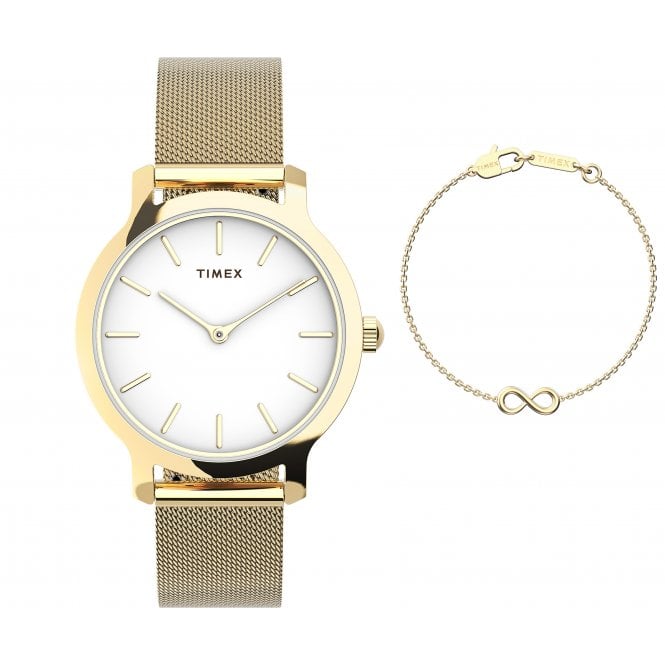 Timex  Ladies Transcend White Dial Gold Tone Stainless Steel Mesh Strap Watch & Infinity Bracelet 
