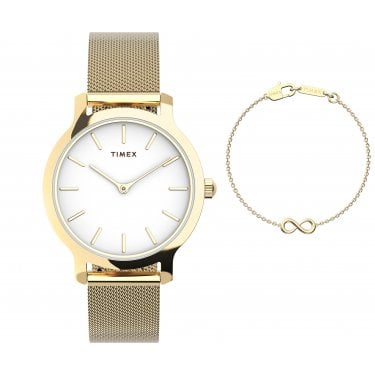 Timex Ladies Transcend White Dial Gold Tone Stainless Steel Mesh Strap Watch & Infinity Bracelet 