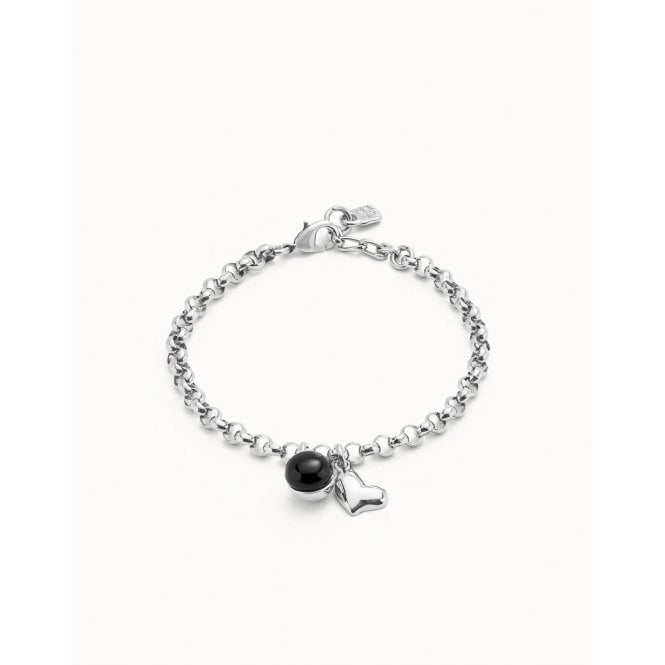 Uno De 50  Ser Fascinante Black Murano with Heart Charm Link Chain Bracelet 17.5cm 