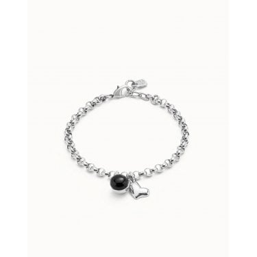 UNO De 50 Ser Fascinante Black Murano with Heart Charm Link Chain Bracelet 17.5cm 